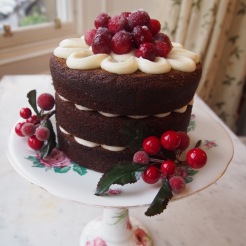 Gingerbread Cake with Cream Cheese Icing and Frosted Cranberries